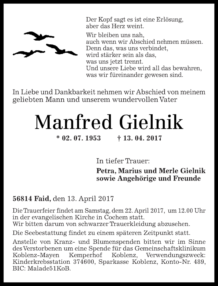 Traueranzeige Manfred Gielnik